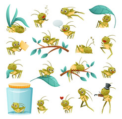 Cute Little Grasshopper Engaged in Various Activities Big Vector Set
