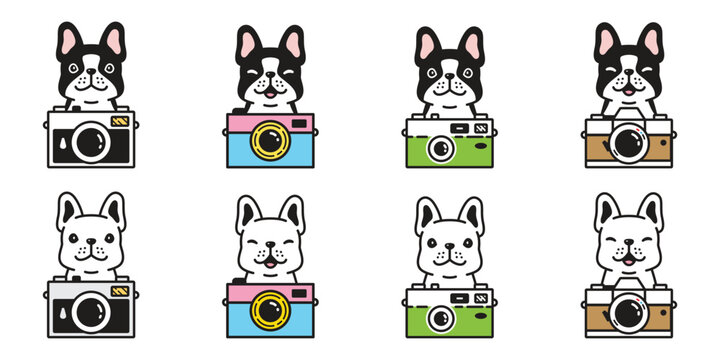 dog vector french bulldog icon film camera photographer puppy smile pet face head cartoon character symbol tattoo stamp illustration design isolated