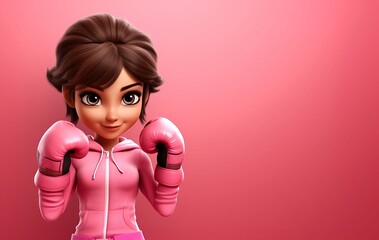 Breast cancer awareness month concept, cute girl cartoon style with boxing glove on pink background, copy space text, generative AI