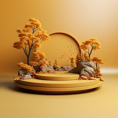 Autumn display podium with tree and stones, 3d illustration, generative AI