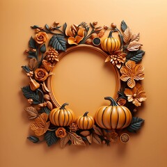 Round frame with pumpkin autumn tree on yellow orange background copy space text, 3d illustration, generative AI