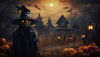 Happy Halloween with scarecrow pumpkin spooky castle background, generative AI