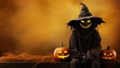 Happy Halloween with scarecrow pumpkin background, copy space text, generative AI