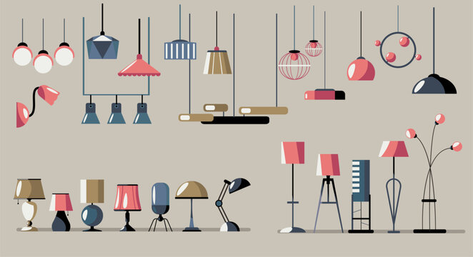 Interior lamps collection. Cartoon table lamps and floor lamps, home and office illumination, trendy decorative light bulbs. Vector isolated set