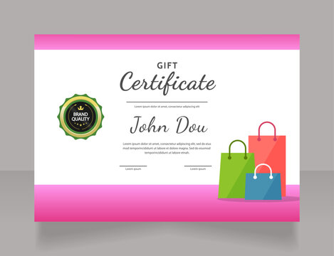 Cosmetics gift certificate design template. Vector diploma with customized copyspace and borders. Printable document for awards and recognition. Dancing Script Bold, Regular fonts used