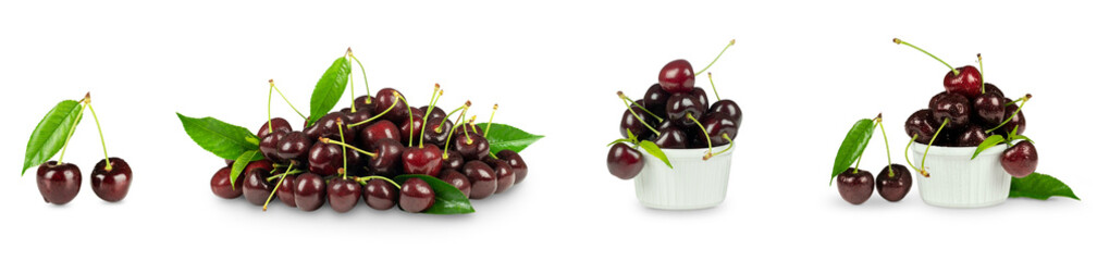 Collection of ripe black cherry berries isolated on transparent with soft shadow. Design element...