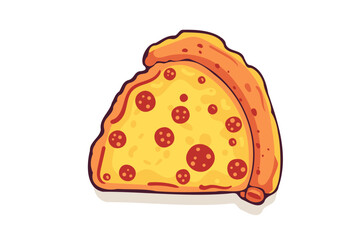 Pizza slice with melted cheese and pepperoni. Vector cartoon sticker in comic style with contour. Design element food for greeting card, poster, print for clothes, emblem.
