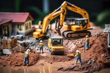 Miniature worker are working with equipment with small house model