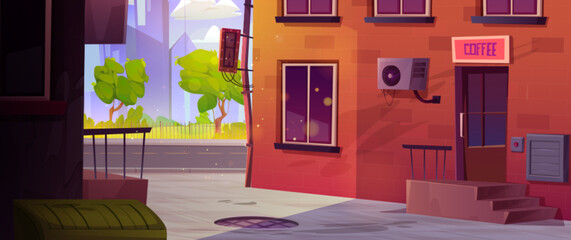 Cartoon cafe door on sunny back city street alley background. Brick building wall in alleyway game scene near road in downtown. Urban quiet backstreet exterior with window and entrance to cafeteria