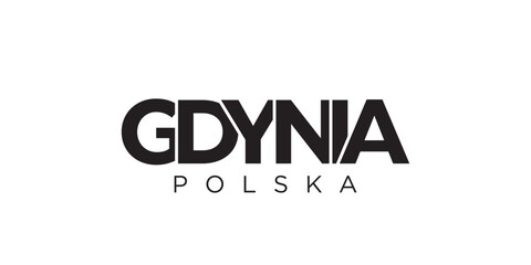 Gdynia in the Poland emblem. The design features a geometric style, vector illustration with bold typography in a modern font. The graphic slogan lettering.