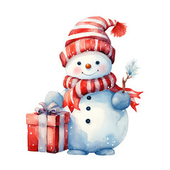 Watercolor drawing of a cute snowman in a red hat with a Christmas gift. Christmas theme, new year. Generative AI