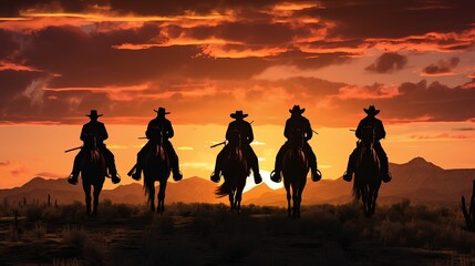 The silhouette of five riders with rifles gallops on horseback against the backdrop of a sunset on the prairie. A group of bounty hunters from the wild west.