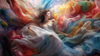 Hübsche Frau Fashion Gesicht mit fliegenden transparenten Tüll Stoff umhüllt Poster Porträt, ai generativ © www.freund-foto.de