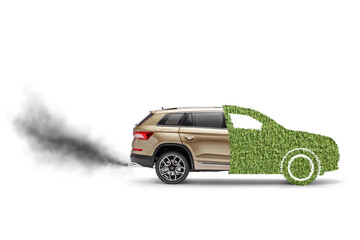 SUV half made of grass and the other half polluting the air with smoke