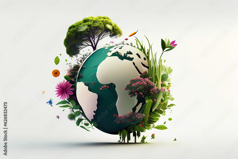 Wall mural planet earth with trees and flowers 3d style. generative ai design.
