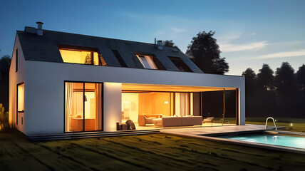 Modern house garden view with lights. Generative ai design.