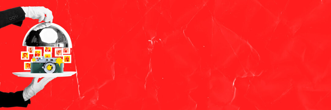 Serving good photos. Retro camera and beautiful portraits of senior man. Contemporary art collage. Concept of world photography day, creative, holiday, profession. Poster, banner. Copy space for ad