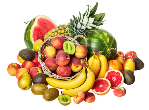 PNG, Still life of tropical fruits. Pineapple, watermelon, pears, apples, peaches, grapefruit, kiwi, pears, avocados. Isolate