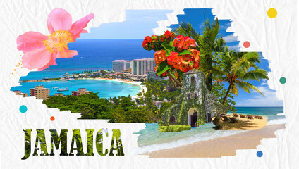 Collage about Jamaica - Caribbean island. The sea and sand at beaches at sunny day - art design