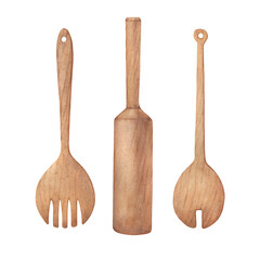 Old wooden brown spoons, fork, rolling pin for cooking. Vintage kitchen utensils provence. Hand drawn watercolor painting illustration isolated on white background.