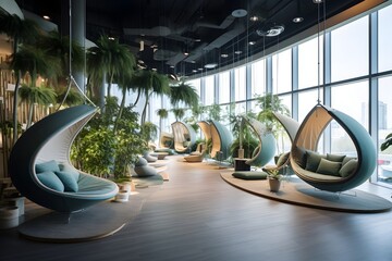 A calming photo of an open space office, showing a relaxation zone complete with cozy sofas and indoor plants. 
It advocates for employee well-being and work-life balance. - obrazy, fototapety, plakaty