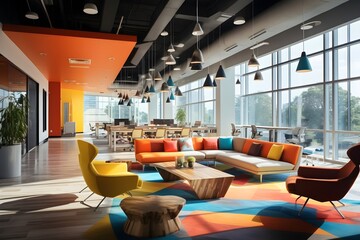 A vibrant photo capturing a modern open space office filled with colorful furniture. 
The energetic colors stimulate creativity and encourage a positive work atmosphere. - obrazy, fototapety, plakaty