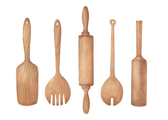 Old wooden brown spoons, fork, rolling pin, spatula for cooking. Vintage kitchen utensils provence. Hand drawn watercolor painting illustration isolated on white background.
