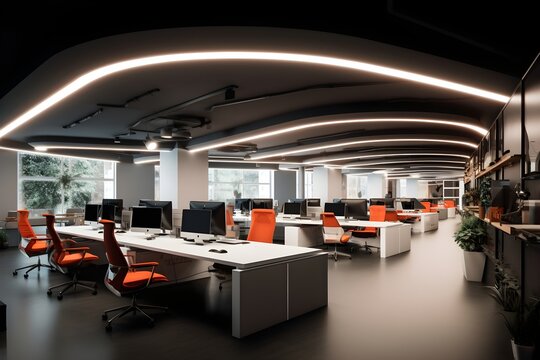 A photo of a high-tech open space office equipped with cutting-edge technology. 
The image reflects the contemporary trend of integrating advanced tech in work environments.