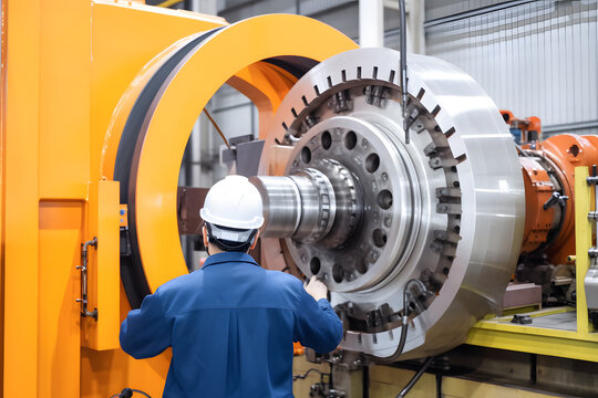 A mechanical engineer inspecting and troubleshooting a large-scale industrial machine, wearing safety gear and ensuring smooth operation. Generative AI