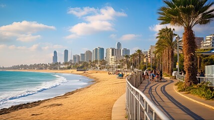Discovering Tel Aviv: Coastal Landscapes, Architecture, and Beaches of the Mediterranean City in 16:9 Format: Generative AI - obrazy, fototapety, plakaty