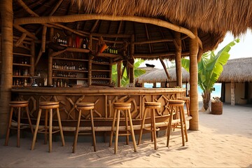 Tropical Bar with Bohemian Vibes - White Sand Island with Rattan Furniture and Palm Trees: Generative AI