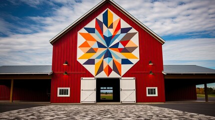 Big Barn Quilt on Rustic Building Roof with Sky in the Background - Architecture and Country Charm. Generative AI