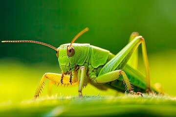 Closeup of Grasshopper on Green Grass. Detailed Shot of Insect with Vibrant Green Leaf Background and Architectural Wall Design. Generative AI - Powered by Adobe