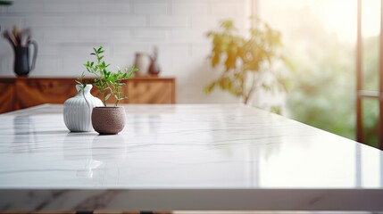 Plakat White Marble Counter Top Table with Modern Kitchen Room Background and Wood Interior Display: Generative AI