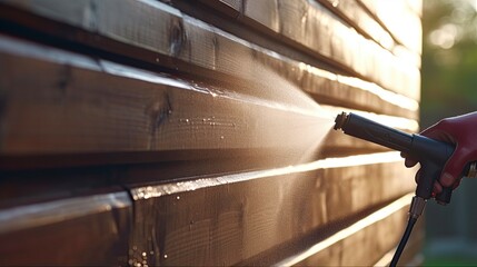 Siding Cleaning with High-Pressure Water Jet - Professional Cleaner for Backyard, Business, and Construction Buildings: Generative AI - obrazy, fototapety, plakaty