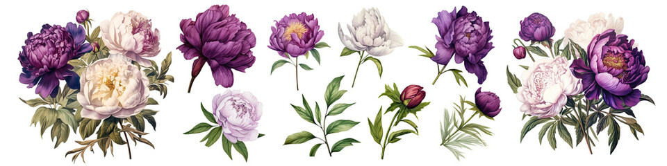 Set of purple peony flower Watercolor, spring collection of hand drawn flowers , Botanical plant illustration , elegant watercolor ,transparent background, PNG. - obrazy, fototapety, plakaty
