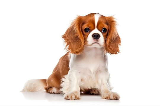 Puppy Cavalier King Charles Spaniel Sitting. Isolated on White Background in Horizontal Studio Shot. Cute Dog and Pet Animal Image. Generative AI