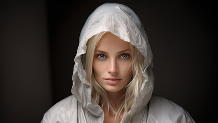 Obraz premium Hübsche blonde Frau Gesicht mit weißer Kapuzenjacke Nahaufnahme, ai generativ