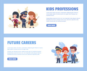 Future careers and professions for kids, web banners set, flat vector illustration.