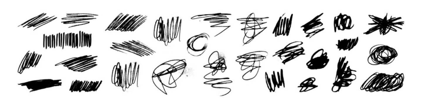 Vector set of grungy graphic dirty scribble elements. Hand drawn textured punk style hatching. Black charcoal pencil doodle scratches, hatches, scribbles and marks. Each element is united and isolated