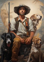 The man with his dogs, retro man country vibe art painting style generative AI