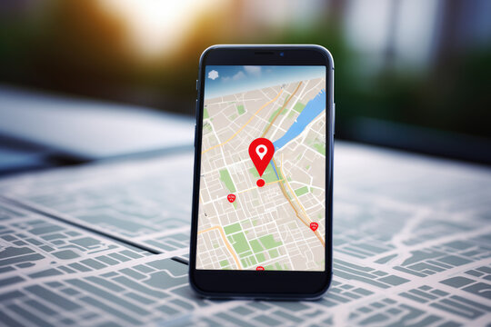 close up phone with gps map on display, blurred city background, Generative AI