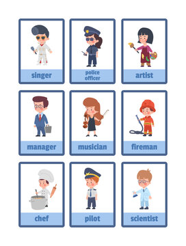 Different jobs and professions, infographic cards set with cute kids, flat vector illustration on white background.