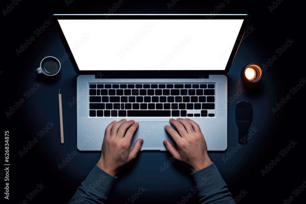 Wall mural top view hands working on computer keyboard, dark background, generative ai