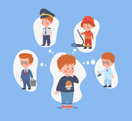 Little boy dreaming of his future career, cartoon flat vector illustration isolated on blue background.