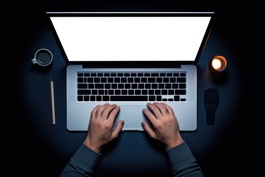 top view hands working on computer keyboard, dark background, Generative AI