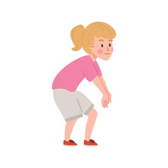 Cartoon blond girl volleyball player in sportswear stretched out arms to hit the ball, sport game vector illustration