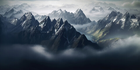 Dramatic snow-capped mountains landscape. Clouds and fog covers stone slopes. Generative AI