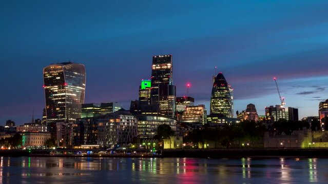 Night to Day 4K Timelapse of the Financial District Skyline in 2016 concept for London Landmarks, Banking Towers, Britain's Economic Heart, Modern Skyscrapers, and Iconic British Architecture