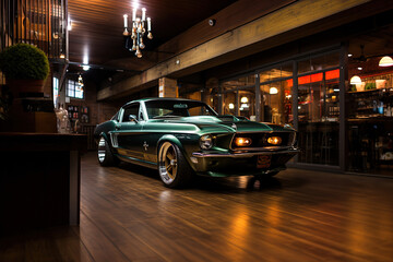 Green Ford Mustang Sports Car in the old garage, ai art